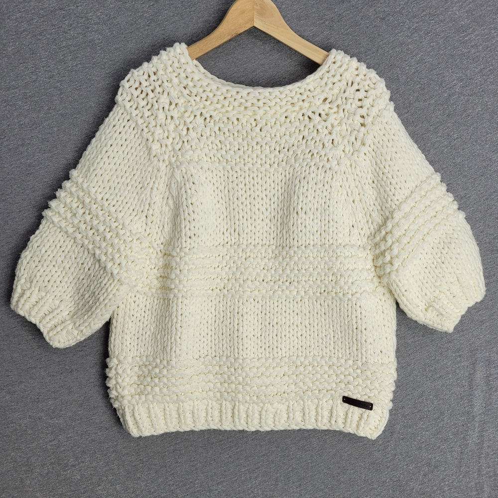 Wishlist Sweater Womens Medium Cream Chunky Knit Hand Made Chunky Puff Sleeve
